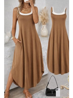 Buğrahayalin Kadın Ip Askılı Yuvarlak Yakalı Cepli Uzun Viskon Elbise