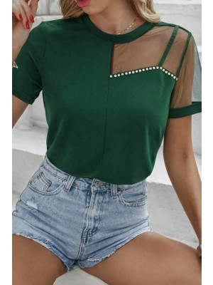 Pusula Sepeti Kadın Kısa Kollu Tül Detaylı Taşlı Janjan Krep Bluz