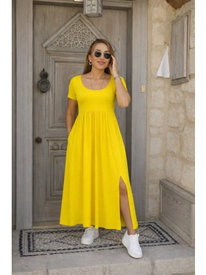 Equri Kadın Kısa Kollu Yuvarlak Yaka Önden Yırtmaçlı Cepli Viskon Uzun Elbise