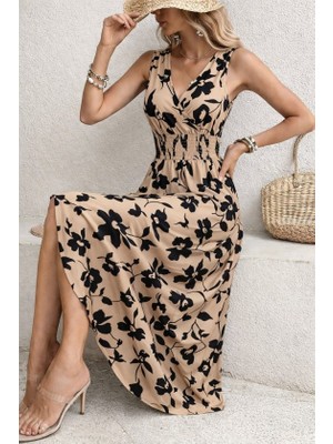 Arben Boutique Kadın Beli Gipeli Etnik Desen Sıfır Kol Süprem Elbise