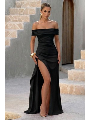 Runique Home Runiquehome Kadın Madonna Yaka Pileli Derin Yırtmaçlı Uzun Ithal Krep Elbise