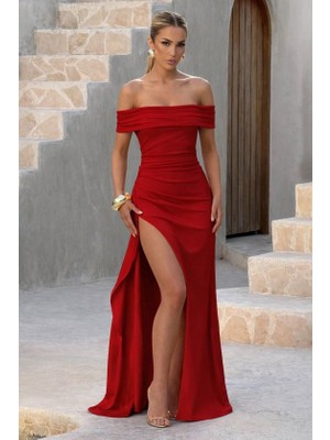 Sun & North Sun&north Kadın Madonna Yaka Pileli Derin Yırtmaçlı Uzun Ithal Krep Elbise