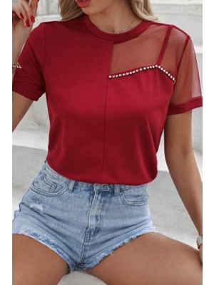 Equri Kadın Kısa Kollu Tül Detaylı Taşlı Janjan Krep Bluz