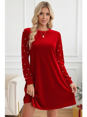 Kadın Inci Detay Yuvarlak Yaka Uzun Kollu Kadife Kumaş Elbise