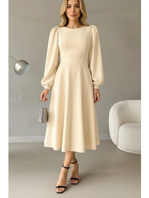 Kadın Balon Kol Midi Boy Bisiklet Yaka Krep Elbise