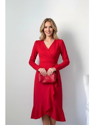 Kadın Krep Kumaş Uzun Kollu Kuşaklı Midi Elbise