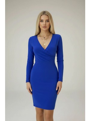 Kadın  Krep Kumaş Kruvaze Yaka Uzun Kollu Elbise