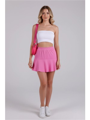 Kadın Yüksek Bel Bürümcük Kumaş Volanlı Beli Lastikli Mini Şort Etek