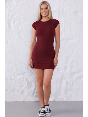 Kadın Bordo Bisiklet Yaka %95 Pamuklu Fitilli Likralı Kaşkorse Slim Fit Basic Mini Elbise