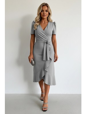 Kadın Kumaş Kısa Kollu Kuşaklı Midi Elbise
