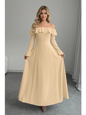 Kadın Madonna Yaka Fırfır Detay Uzun Kollu Krep Kumaş Elbise