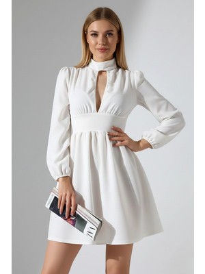 Kadın Uzun Kollu Göğüs Dekolteli Fermuarlı Krep Kumaş Elbise