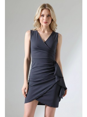 Kadın Krep Kumaş Kalın Askılı Volan Detay Mini Elbise