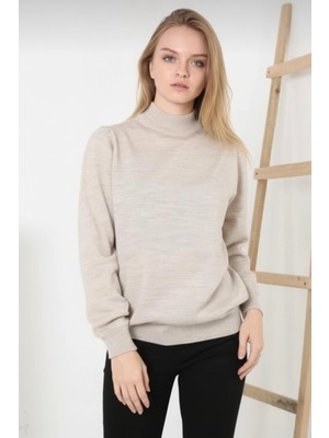 Kadın Bej Uzun Kollu Boğazlı (Yüksek Yaka) Basic Triko Kazak