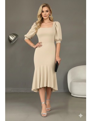 Kadın Krep Kumaş Kare Yaka Balon Kol Balık Model Midi Boy Elbise