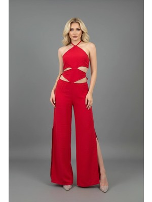 Kadın Ithal Keten Kumaş Gizli Fermuarlı Yırtmaç ve Sırt Dekolteli Maxi Boy Tasarım Tulum