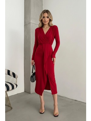 Kadın Kruvaze Yaka Önü Kuşaklı Drapeli Midi Elbise