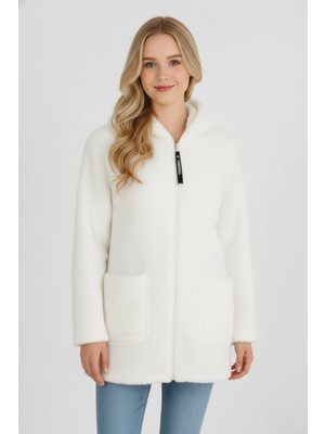 Kadın Lüks Pelüş Kapüşonlu Beyaz Mont | Uzun Boy Teddy Mont