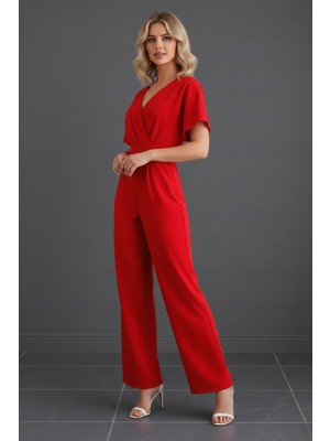 Kadın Kısa Kollu Kruvaze Yaka Kendinden Kuşaklı Tulum