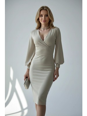 Kadın Kruvaze Kesim Manşetli Balon Kol Şık Krep Elbise