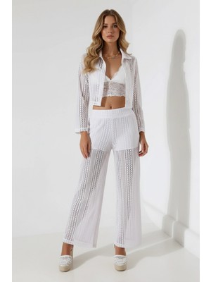 Dantel Desenli Jakarlı Crop Gömlek Yaka Ceket