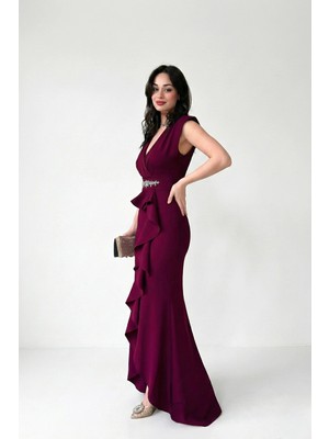 Kruvaze Yaka Kadın Taşlı Volanlı Abiye