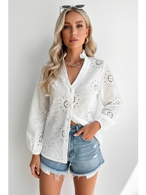 Kadın V Yaka Düğmeli Balon Kol Vintage Görünümlü Bluz