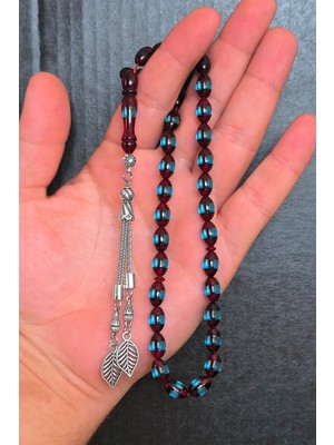 Silvera Telkari Erkek Sürmeli Toz Kehribar Tesbih Bordo Mavi 12x8 mm BT015