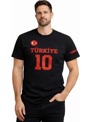 Civetta Erkek Türkiye Ay Yıldız Baskılı 10 Numara Forma Tişört Taraftar T-Shirt - Siyah