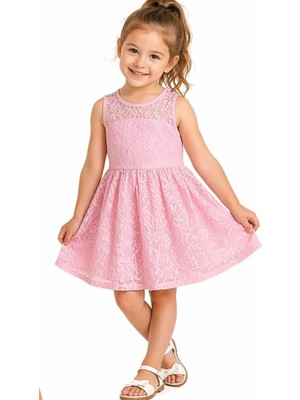 Akku Kız Çocuk Dantelli Detaylı Astarlı Midi Boy Pembe Renk Elbise