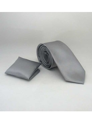 Gaffy Slim Fit Gri Düz Renk Mendilli Saten Kravat - Ss-04 Özel Günler İçin Şık Seçim