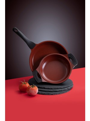 Thermoad Alüminyum Granit Döküm Kırmızı 20 cm Sahan ve 26 cm Düz Tava Seti Yüksek Dayanıklılık