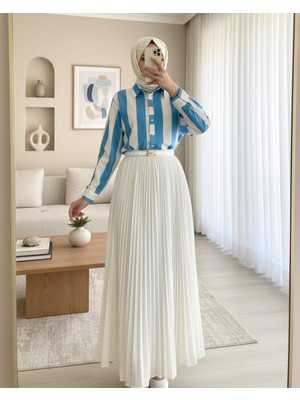 Moda Morfo Kalın Çizgili Düğmeli Gömlek -Mavi