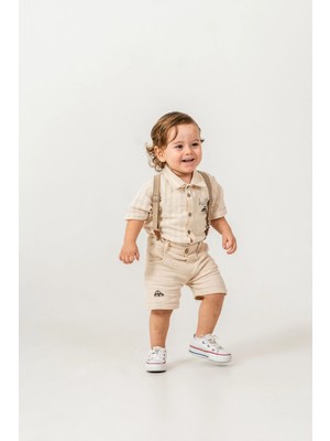 Blumi Kids Erkek Bebek Salopet Askılı Keten Gömlek ve Şort Takımı