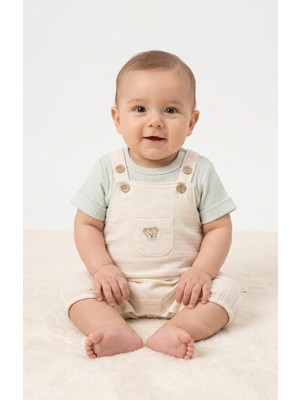 Blumi Kids Organik Erkek Bebek Ayıcık Nakış Müslin Salopet Takımı