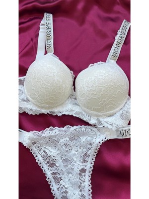 Modellife Dantelli Lastiği Taşlı Balenli Destekli Dolgulu Push Up Siyah Sütyen Ve String Iç Çamaşırı Takımı