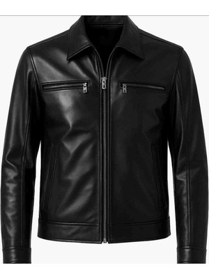 Moda Birbey Erkek Siyah Hakiki Kuzu Derisi Göğüs ve Yan Cepli Fermuarlı Deri Ceket Mont