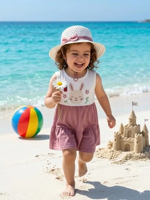 Şimo Butik Kız Çocuk Yazlık Şapkalı Elbiseterletmez Pamuklu Tavşanlı Gül Kurusu