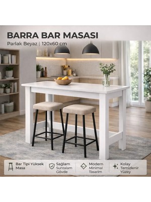 Pasific Home Barra Bar Masası Yüksek Yemek Masası, Parlak Beyaz, 120x60