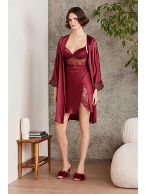 Pierre Cardin Kadın Saten Gecelik Sabahlık Pijama Şort Takım 6'lı Gelin Seti 6000 Bordo Dokuma