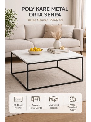 Pasific Home Poly Kare Metal Orta Sehpa, Beyaz Mermer