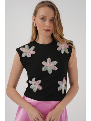 Trend Cojans 930 Kısa Kol Desenli Crop Bluz - Siyah