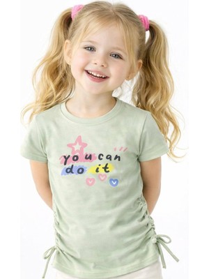 Noone Kız Çocuk "you Can Do It" Baskılı Büzgülü Detay T-Shirt | 5 Renk Seçeneği