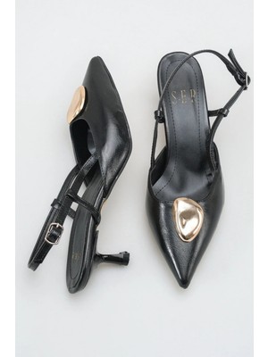 Sermoda Topuklu Kadın Ayakkabı - 5 cm Ince Topuklu Sivri Burun Arka Açık Stiletto Ayakkabı Siyah Yanki