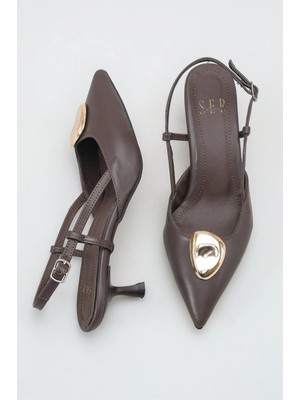 Sermoda Topuklu Kadın Ayakkabı - 5 cm Ince Topuklu Sivri Burun Arka Açık Stiletto Ayakkabı Kahve