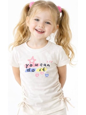 Noone Kız Çocuk "you Can Do It" Baskılı Büzgülü Detay T-Shirt | 5 Renk Seçeneği