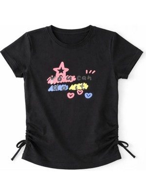 Noone Kız Çocuk "you Can Do It" Baskılı Büzgülü Detay T-Shirt | 5 Renk Seçeneği