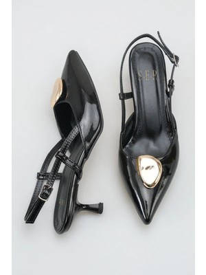 Sermoda Topuklu Kadın Ayakkabı - 5 cm Ince Topuklu Sivri Burun Arka Açık Stiletto Ayakkabı Rugan Siyah