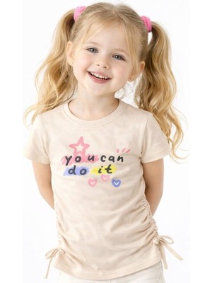 Noone Kız Çocuk "you Can Do It" Baskılı Büzgülü Detay T-Shirt | 5 Renk Seçeneği