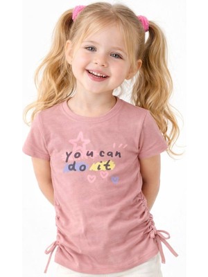 Noone Kız Çocuk "you Can Do It" Baskılı Büzgülü Detay T-Shirt | 5 Renk Seçeneği